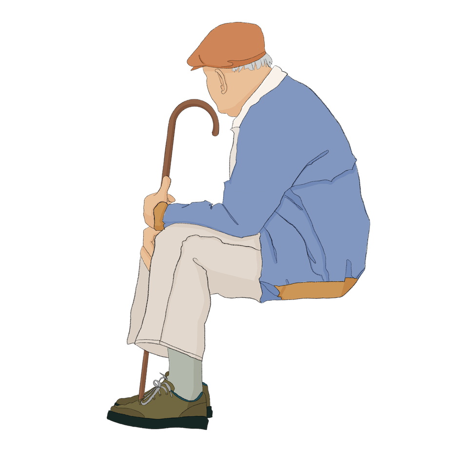 sitting senior with a cane