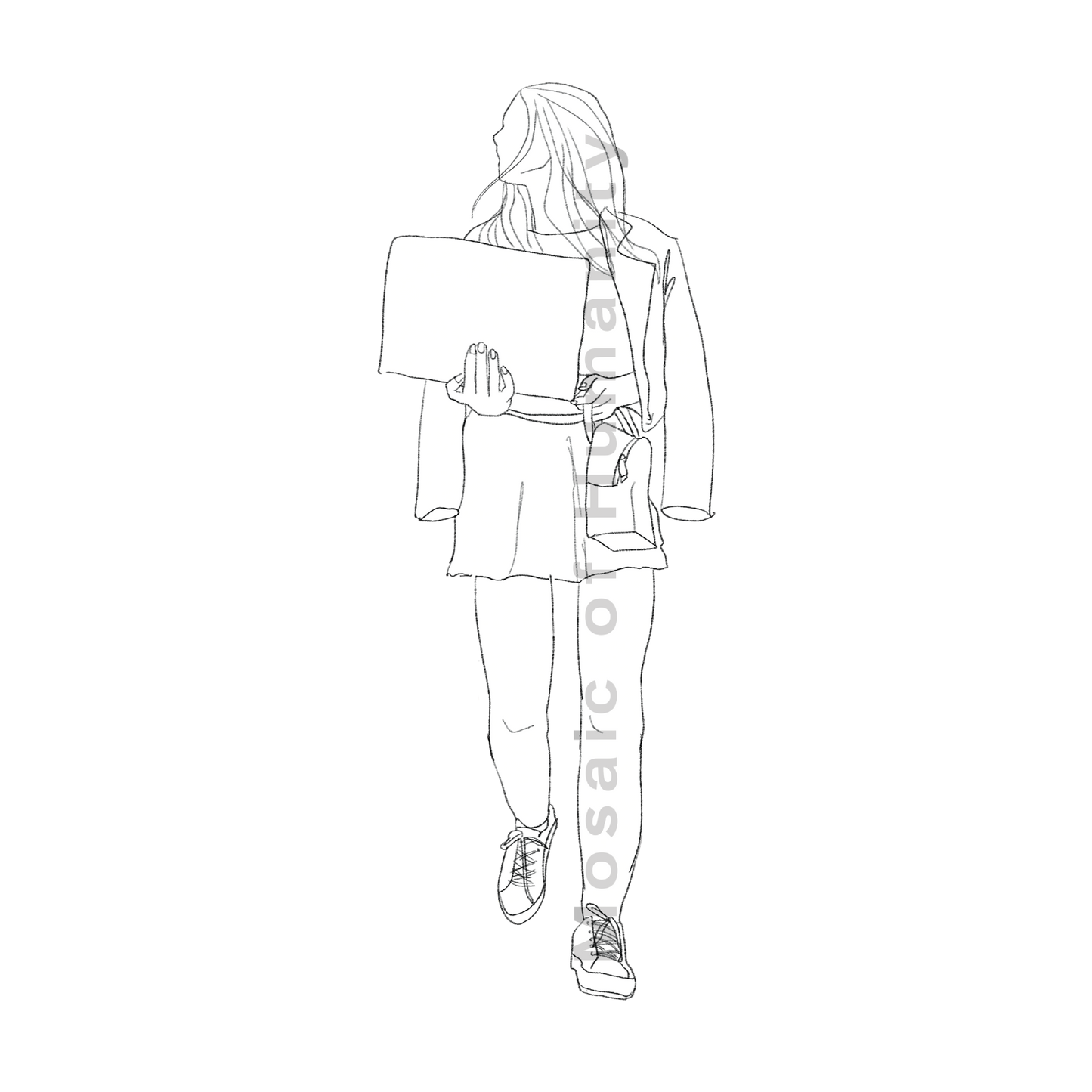 human with laptop walking