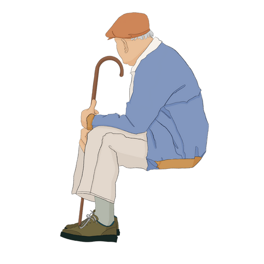 sitting senior with a cane