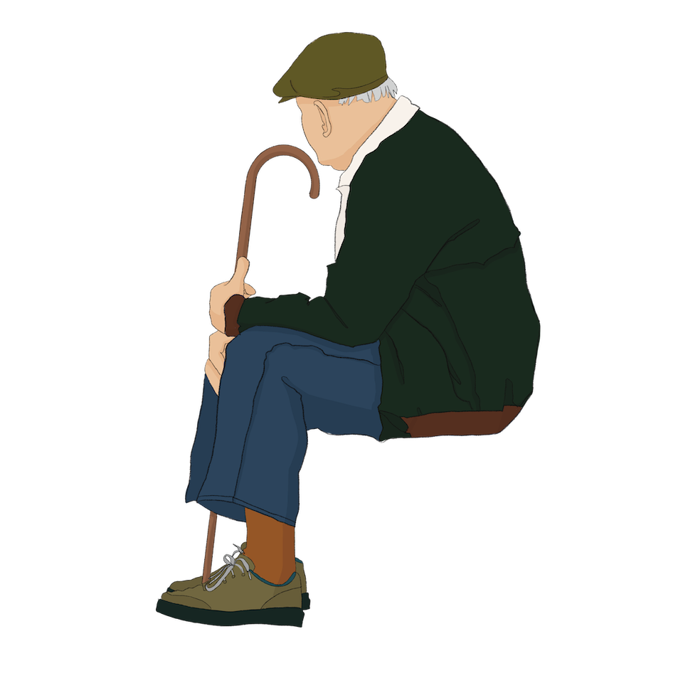 sitting senior with a cane