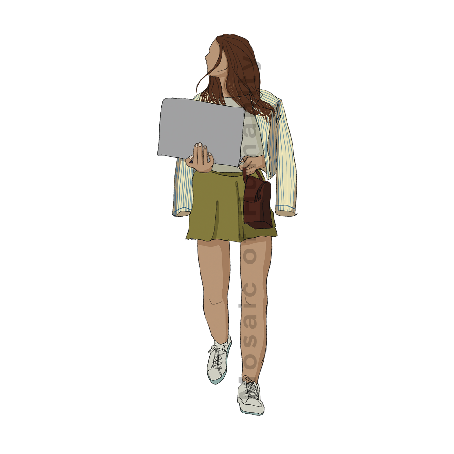 human with laptop walking