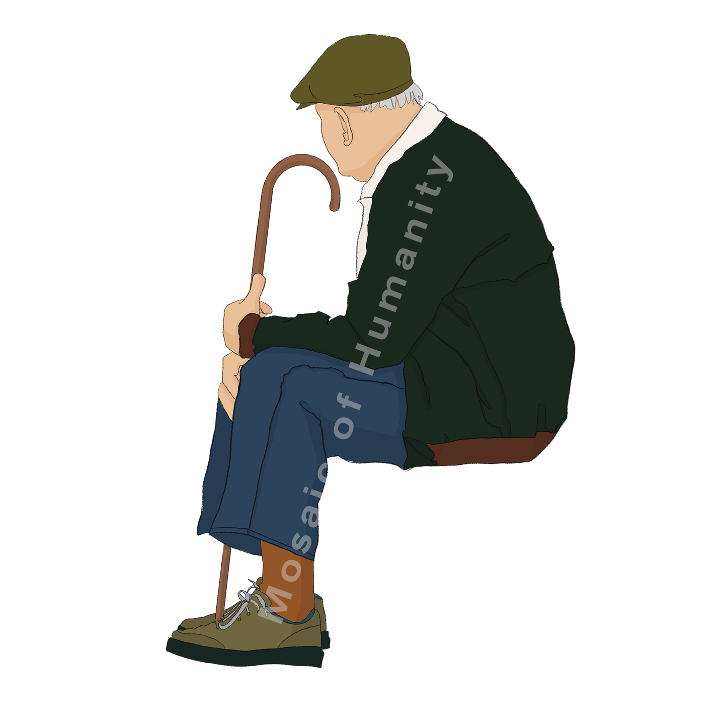 sitting senior with a cane