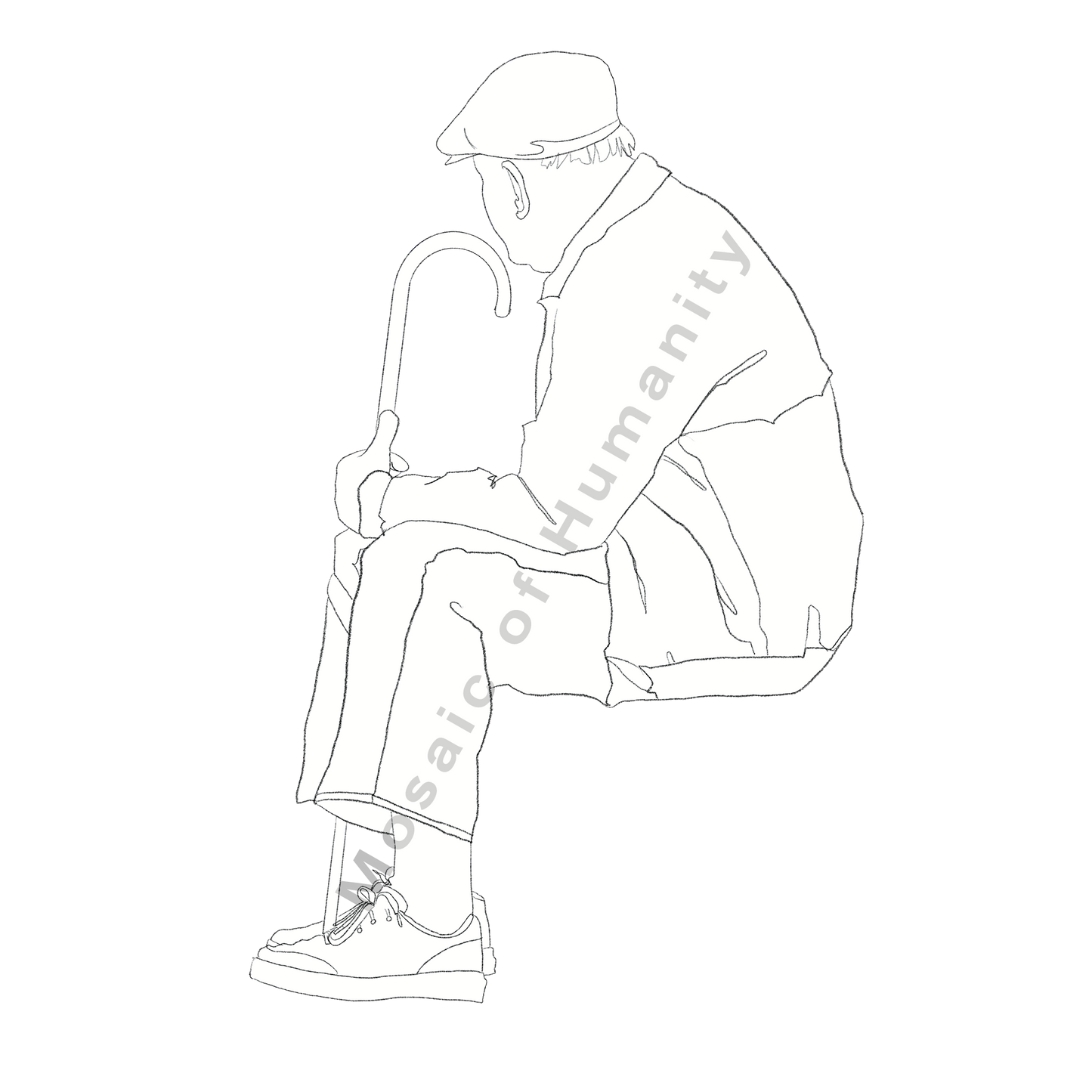 sitting senior with a cane